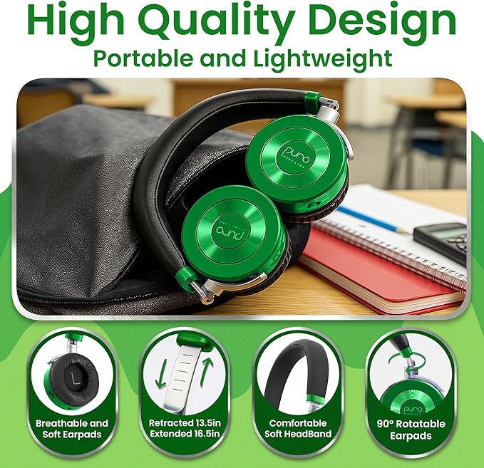 Puro Sound Labs JuniorJam Plus Volume-Limiting Wireless Bluetooth Headphones for Kids, Secure Audio with Adjustable On-Ear Design, 22-Hour Battery Life, Ideal for Tablets, Smartphones & PCs - Green