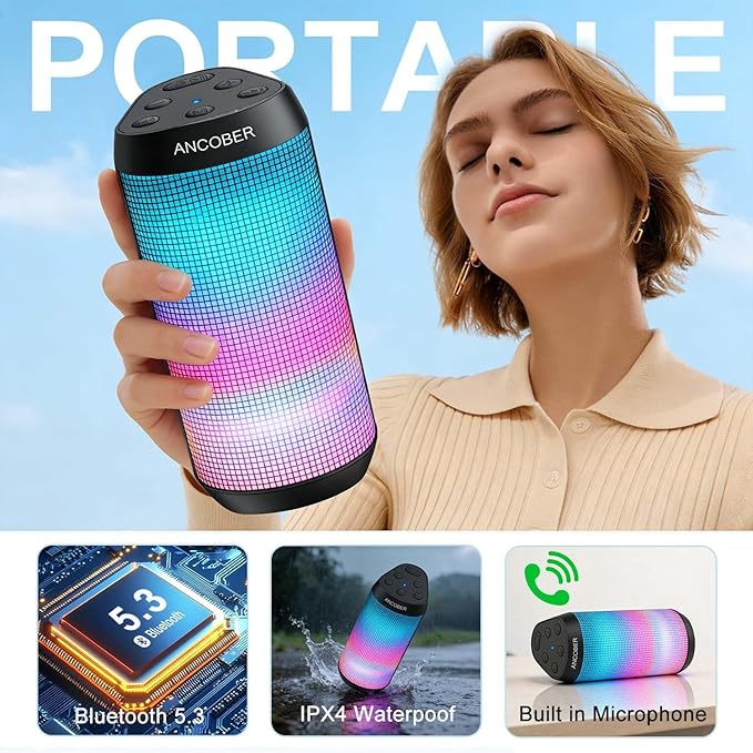Portable Bluetooth Speaker, 2026 Wireless Speaker with 20W HD Loud Stereo Sound, 36H Playtime, Cool LED Lights, IPX4 Waterproof, TWS Pairing, BT5.3, Buit-in Mic, for Outdoor, Home, Party, Gift