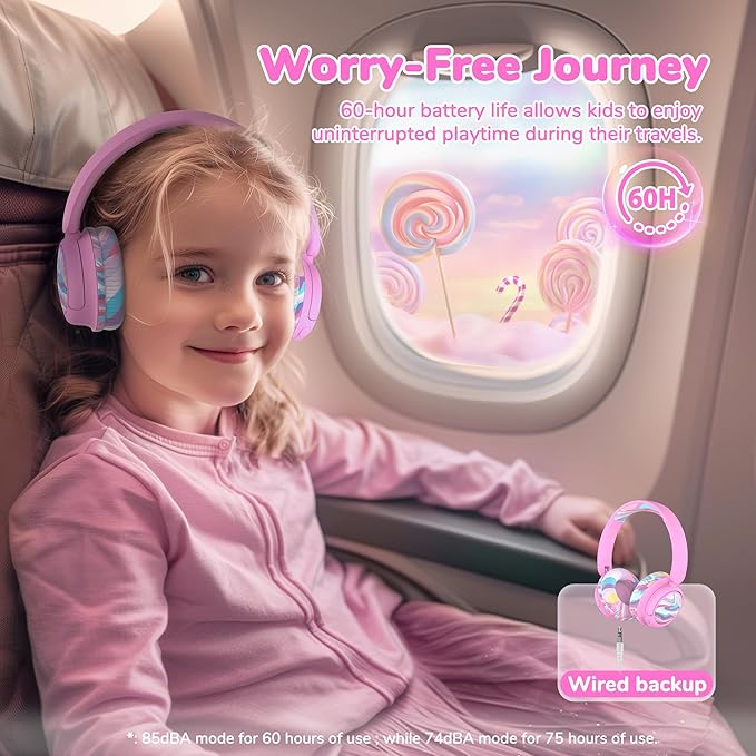 iClever BTH22 Kids Bluetooth Headphones, 60H Play Time, 74/85 dBA Safe Volume, Bluetooth 5.4, USB C, Over Ear Kids Headphones Wireless with Mic AUX Cord for iPad/Tablet/Travel/School, Pink-Stripe