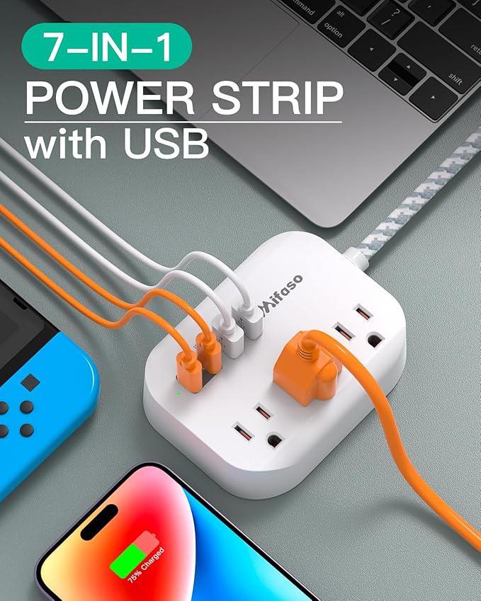 Cruise Ship Essentials - Mifaso Power Strip with USB Ports, 1Ft Flat Extension Cord with Multiple Outlets, USB Charging Station with Non Surge Protector for Cruise Ship, Travel, Dorm Room Essentials