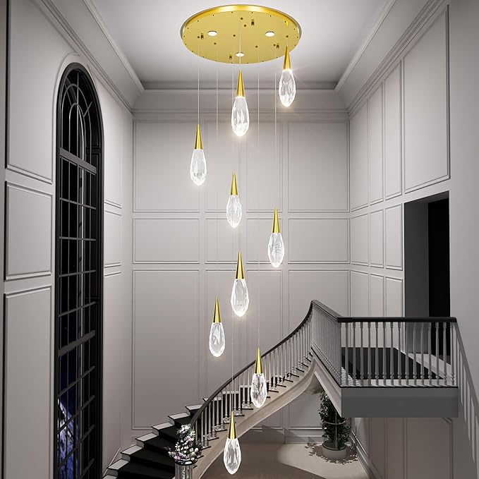 H98 Modern Chandelier for Stairway 9-Lights Crystal Raindrop Chandelier Gold Pendant Light for Staircase Living Room Entryway LED Dimmable High Ceiling Chandeliers with Remote