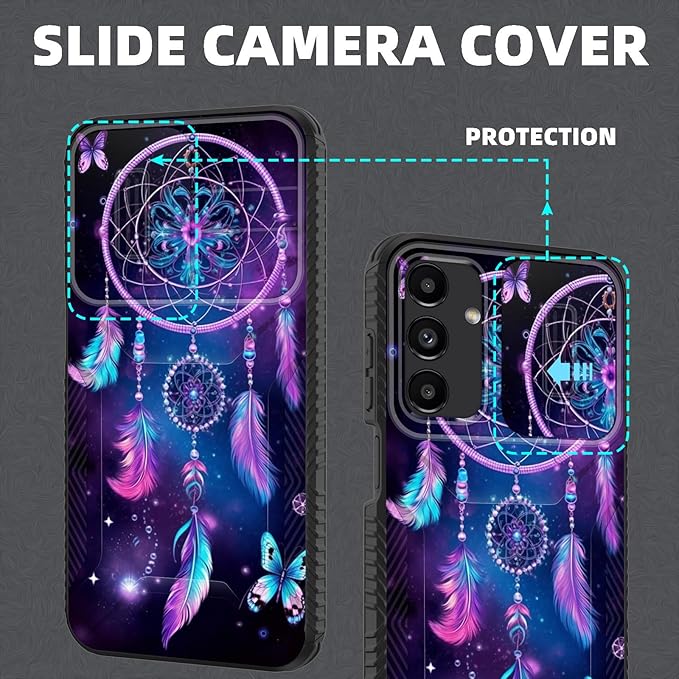 for Galaxy A16 5G Case Built in Slide Camera Lens Cover,Heavy Duty Shockproof Protection Dual Layer Case for Samsung Galaxy A16 5G 6.7" 2024,Butterfly Dream Catcher