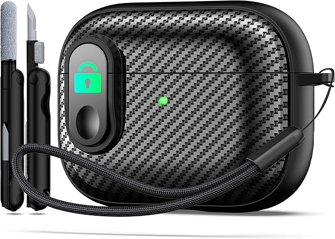 RFUNGUANGO for Airpod Pro Case (2023/2022/2019) with Lock, Carbon Fiber Black Airpods Pro 2nd Generation/1st Generation Case (USB-C/Lightning Cable) Black Switch