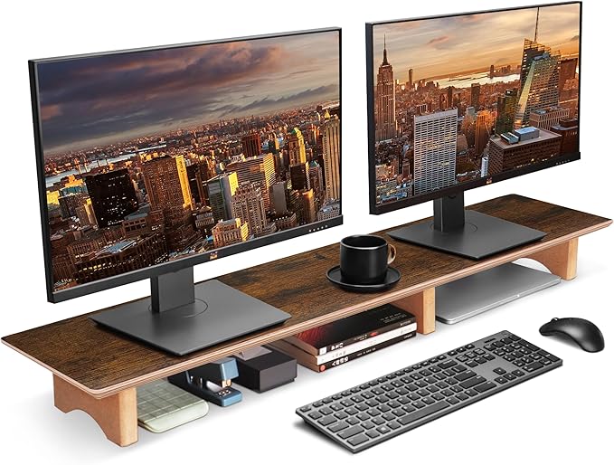 Large Dual Monitor Stand Riser - Solid Wood Desk Shelf with Eco Cork Legs for Laptop Computer/TV/PC/Printers, Perfect Desktop Stands Organizer with Underneath Storage for Office Accessories,Vintage