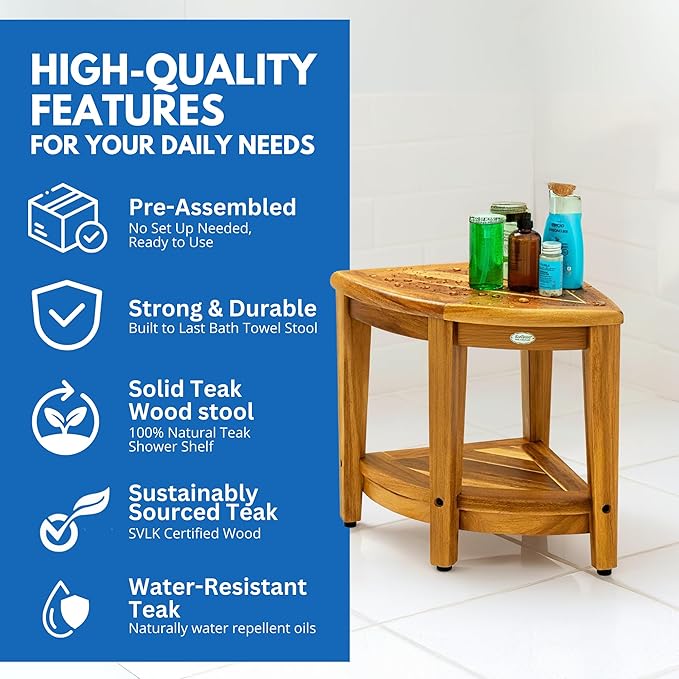EcoDecors SnazzyCorner 18" Teak Shower Bench, 300 lb Capacity, Fully Assembled + Loveable 4 Pack Care Bundle