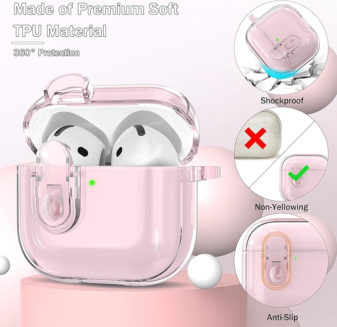 for AirPods 4th Generation Case Cover 2024, Military-Grade Shockproof, Soft TPU Highly Transparent Anti-Yellowing for AirPods 4 Case with Cleaning Kit & Cute Round Buckle, Crystal Pink