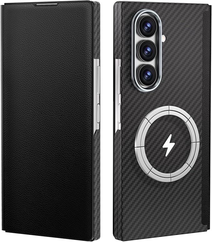 for Samsung Galaxy Z Fold 7 Leather Case, Carbon Fiber Magnetic Phone Case, Ultra-Slim Lightweight Protective Cover with Hinge Protection, MagSafe Compatible, Caseless Touch Feel