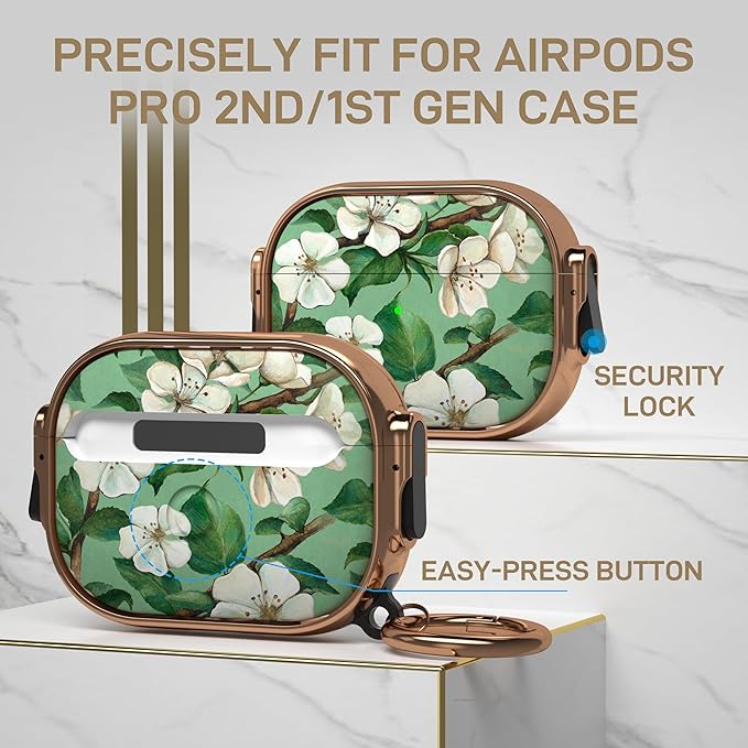 Maxjoy for AirPods Pro 2nd/1st Generation Case with Lock, Flower AirPods Pro 2 Case Lock Protective Cute AirPod Pro Cover for Women Men with Keychain for Airpod Pro (2023/2022/2019), Floral