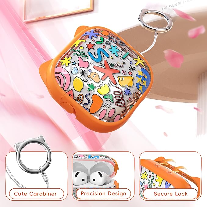for AirPods 4 Case with Cleaning Kit, Cute Cat Ear Print Design & Cute Buckle, Inverted Phone Holder Design, Top Safe Lock Buckle Design, for Girls AirPods 4 case 2024, Orange Seaworld