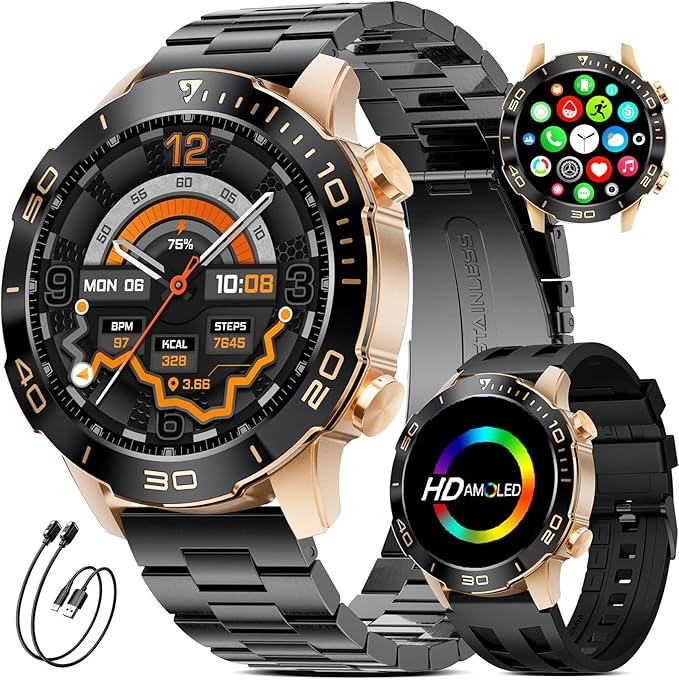 Military Smart Watch for Men(Answer/Calls),1.43''AMOLED Screen,500mAh 5ATM Waterproof,170 Sports Modes, Fitness Tracker Watch with Heart Rate/Sleep Tracking/Blood Pressure for Android/iOS,Smartwatch