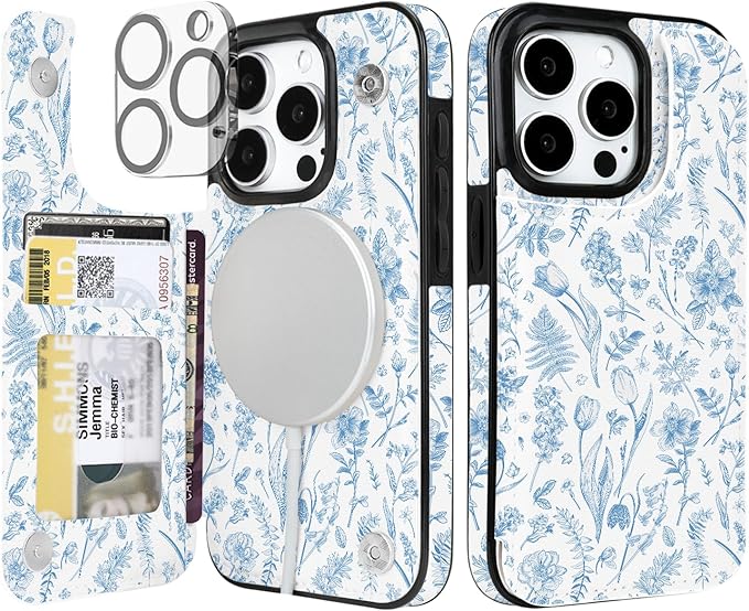 uCOLOR for iPhone 14 Pro 6.1" Wallet Case Magsafe with Card Holder Slot【Compatible with MagSafe】 Folio Flip PU Leather Double Magnetic RFID Design (Blue Toile Flowers)