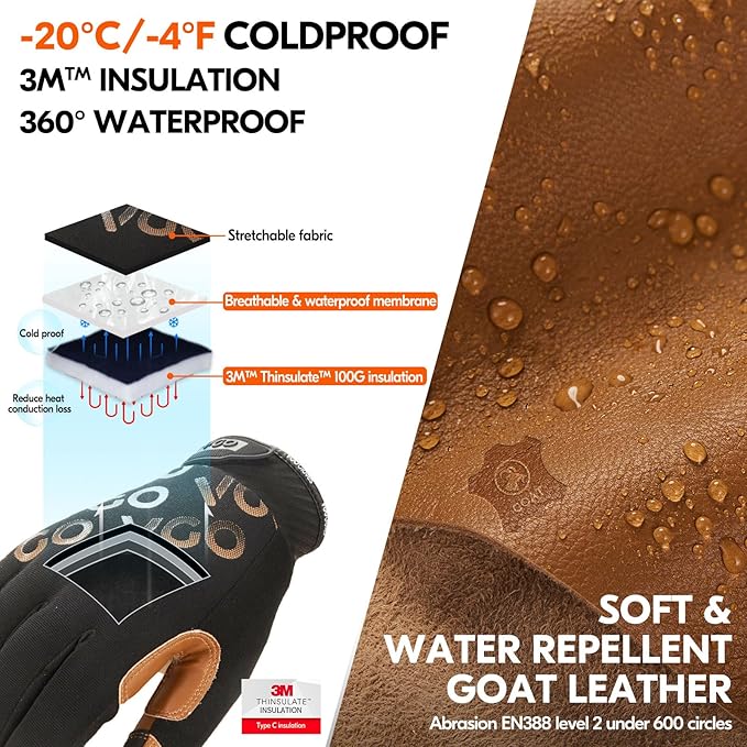 Vgo... 1-Pair -4? or above 3M Thinsulate C100 Winter Warm Waterproof Light Duty Mechanic Glove, High Dexterity, Anti-abrasion, Rigger Glove (Size S, Brown, GA9603FW)