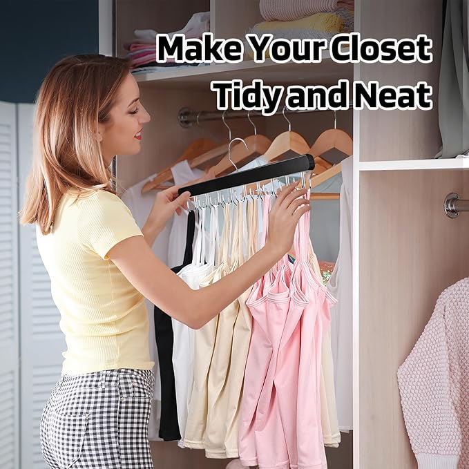 2 Pack Bra Hanger for Closet Organizer, Premium Wooden Tank Top Hangers with 40 Foldable Hooks, 360° Rotating Design, Space Saving Storage for Tank Tops, Bras, Scarves and More, Black