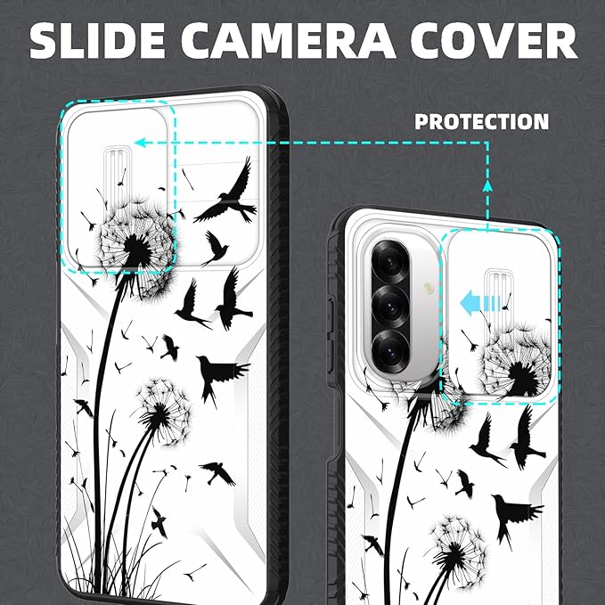 for Galaxy A26 5G Case Built in Slide Camera Lens Cover,Heavy Duty Shockproof Protection Dual Layer Case for Samsung Galaxy A26 5G 6.7" 2025,Dandelions and Birds