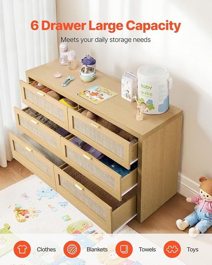 VEVOR Large Dresser for Bedroom, 57" Wide Rattan Dresser 6 Drawer, Wooden Modern Dressers Chest of Drawers with Metal Handle, Clothes Closet Storage Organizer Boho TV Stand for Living Room,Natural Oak