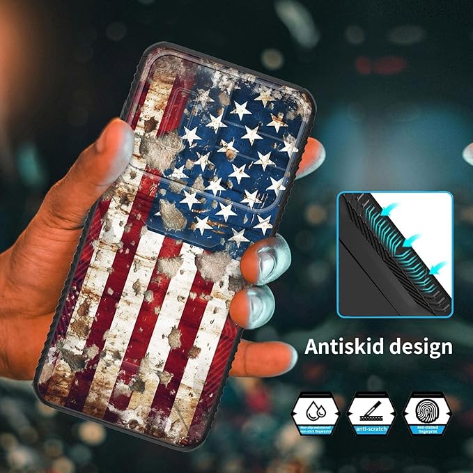 for Galaxy A17 5G Case Built in Slide Camera Lens Cover,Heavy Duty Shockproof Protection Dual Layer Case for Samsung Galaxy A17 5G 6.7" 2025,Rustic American Flag