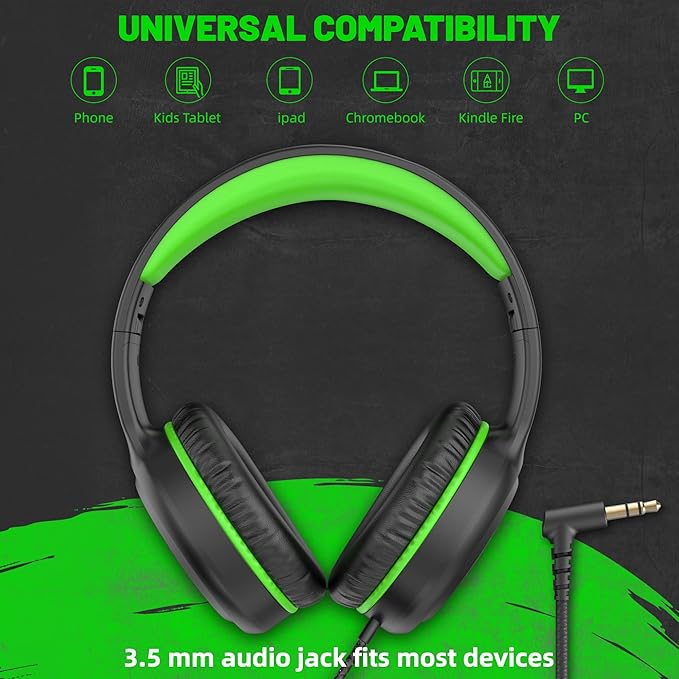 Green Wired Headphones for Boys Portable On Ear Youth Headphones for School Airplane Travel Lightweight Portable Compatible with Pad Computer Laptop for Adults Student Children Girls Kids
