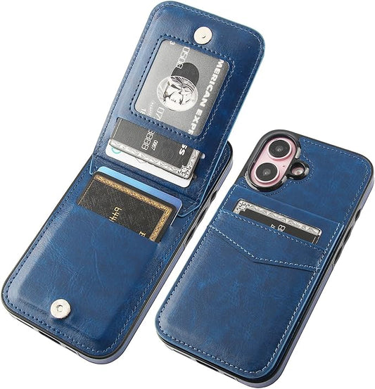 KIHUWEY Compatible with iPhone 16 Case Wallet with Credit Card Holder, Flip Premium Leather Magnetic Clasp Kickstand Heavy Duty Protective Cover for iPhone 16 6.1 Inch (Blue)