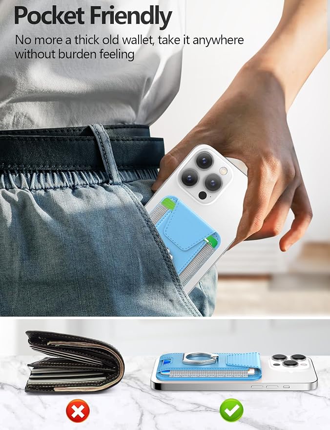 For Magsafe Wallet with Grip, 6-Card Holder, Stronger Magnetic Card Wallet Holder for iPhone 17/16/15, iPhone 14/13/12 Series, Leather Magnetic Phone Wallet with Privacy Flap, RFID Blocking, Sky Blue