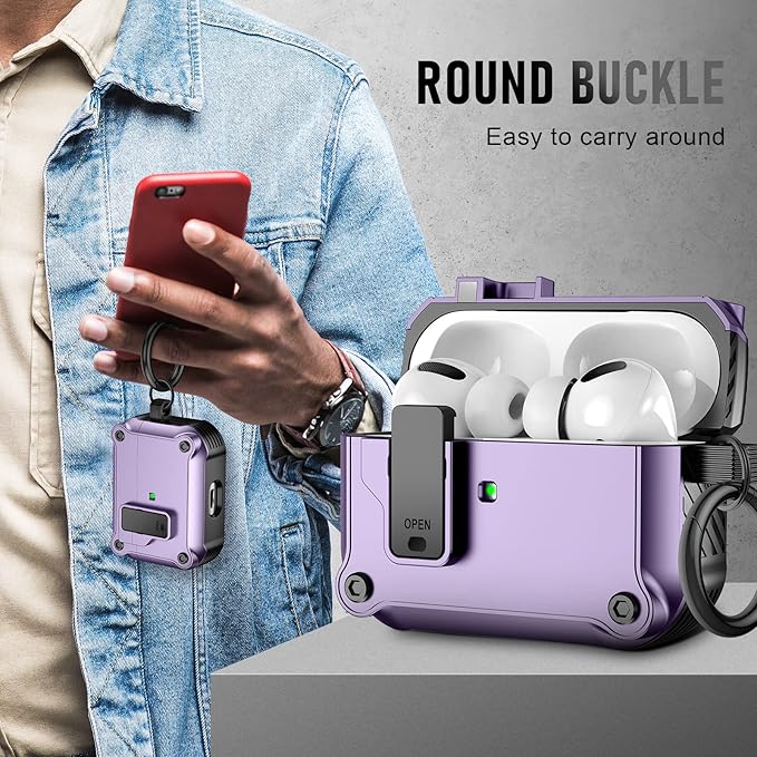 Maxjoy for Airpods Pro 3 Generation Case(2025), Secure Lock Clip Full Body Shockproof Hard Shell Protective Apple for Airpods Pro 3 Case Cover with Keychain Cleaner Kit for Men Women, Purple
