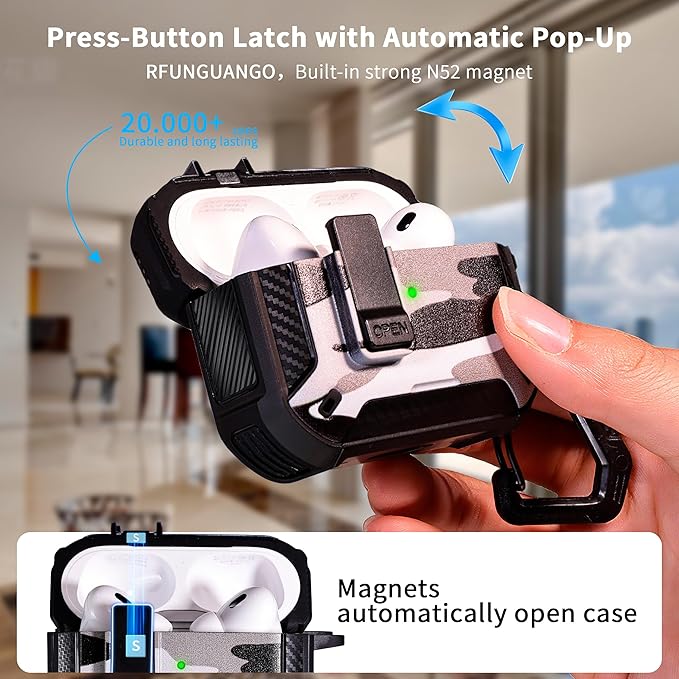 RFUNGUANGO Compatible with Airpods Pro Case 2nd / 1st Generation Protective Case, Compatible with MagSafe, with Cleaning Kit & Keychain,Phone Stand,Magnetic Automatic Lock, Visible LED, Snow Camo