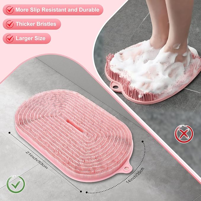 Shower Foot Scrubber - XXL Large Silicone Bath Mat for Exfoliating & Massaging Feet in Shower, Non-Slip Suction Cups, Dead Skin Remover, Callus Cleaner for Men & Women, 20.9"x13.8" Pink