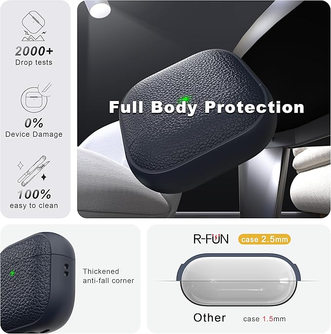 R-fun for Airpods 4 Case, Soft TPU (Leather-Like Design) Drop Protection Cover for Men and Women with Lanyard and Cleaner Kit, Compatible with Apple Latest Airpods 4th Gen(USB-C)(2024)-Blue