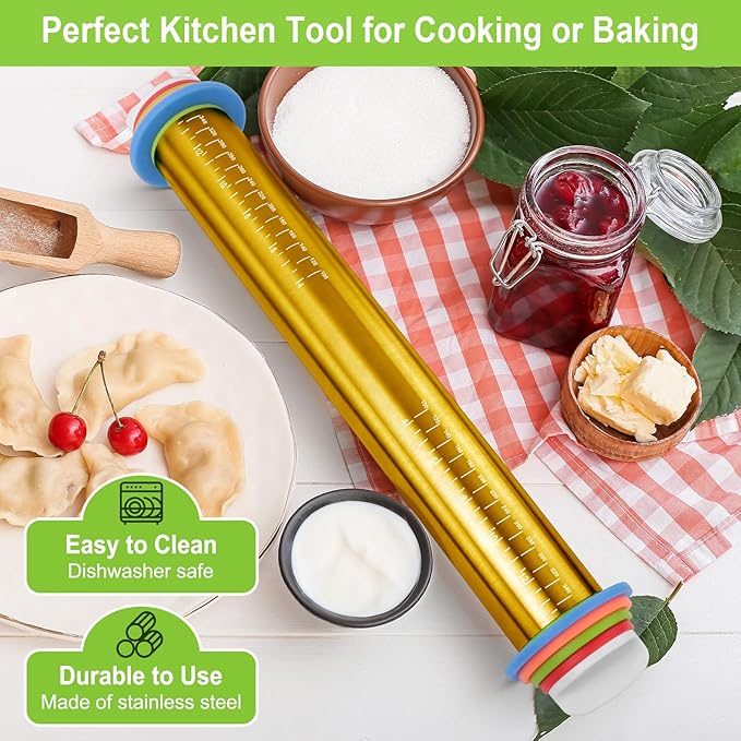 Wood Rolling Pin with Thickness Rings, Adjustable Wooden Rolling Pins for Baking, Adjustable Rolling Pins for Baking, Stainless Steel Rolling Pin with Thickness Rings, Metal Dough Roller for Fondant