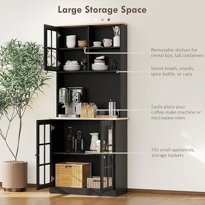 HOMCOM Kitchen Pantry Storage Cabinet, 72" Freestanding Cabinet with Hutch, Large Countertop, Glass Doors and Adjustable Shelves for Dining Room, Black