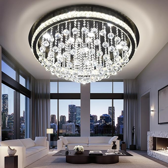 Dia 32" Modern Crystal Chandeliers for Dining Room,Black Raindrop Chandelier Flush Mount Chandeliers for Living Room Bedrooms Dining Room Dimmable 2700k 4500k 6000k