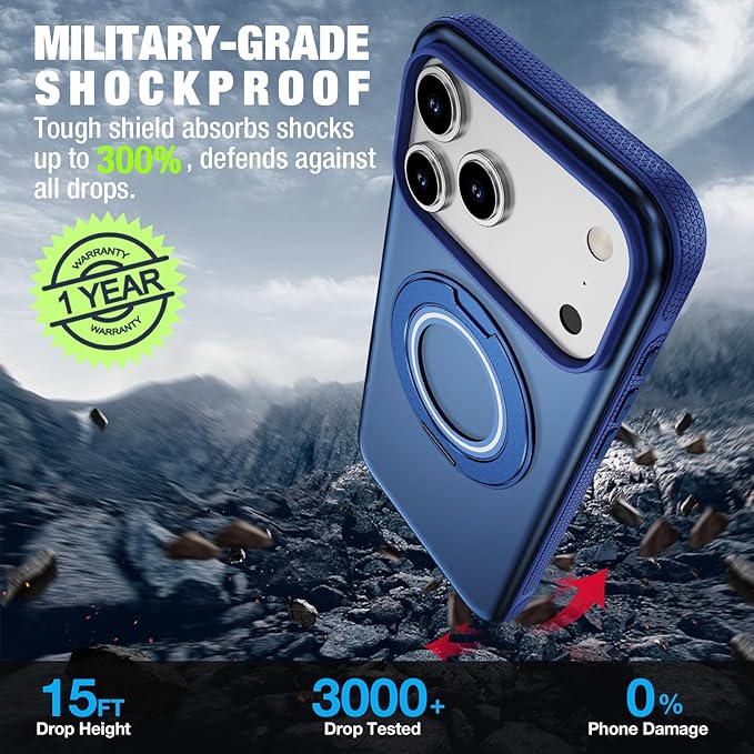 for iPhone 17 Pro Case [Compatible with Magsafe] [15 FT Military Grade Drop Protection] with Screen Protector & Lens Protector,Shockproof Kickstand Phone Case for iPhone 17 Pro (Blue)
