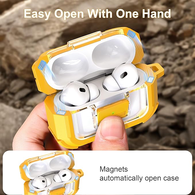 RFUNGUANGO for AirPods Pro 2 Case, Compatible with AirPods Pro 2nd/1st Generation Case, Compatible with MagSafe, Magnetic Automatic Lock with Cleaner Kit and Keychain, Front LED Visible, Yellow