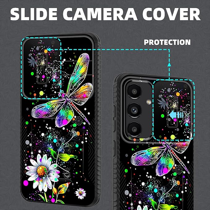 for Galaxy S25 Case Built in Slide Camera Lens Cover,Heavy Duty Shockproof Protection Dual Layer Case for Samsung Galaxy S25 6.2" 2025,Dragonfly and Daisy Flower