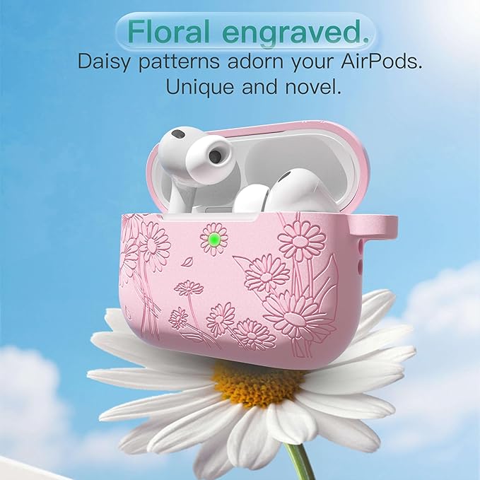 for AirPods Pro 3 Case (2025) DamonLight Daisy Floral Engraved Shockproof Protective Soft Silicone Case Cover with Cleaning Pen and Keychain for Apple Airpods Pro 3rd Generation (Pink)
