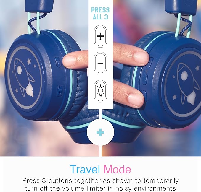 MEE audio KidJamz KJ55BT Personalized Bluetooth Wireless Safe Listening Headphones for Kids w/Custom LED-Backlit Design, Volume Limiter, Microphone; Kids Headset for School/iPhone/iPad/Tablet (Blue)