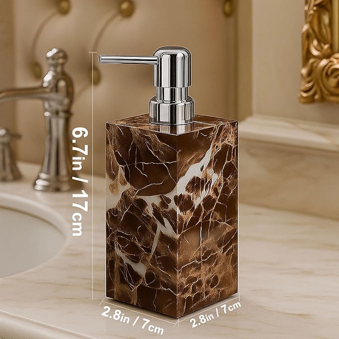 2 Pack Real Natural Marble Soap Dispenser with Stainless Steel Pump Decorative Liquid Hand Soap Bottle for Kitchen Bathroom, Compatible with Lotion, Dish Soap Shower Gel (Coffee 2 Set)
