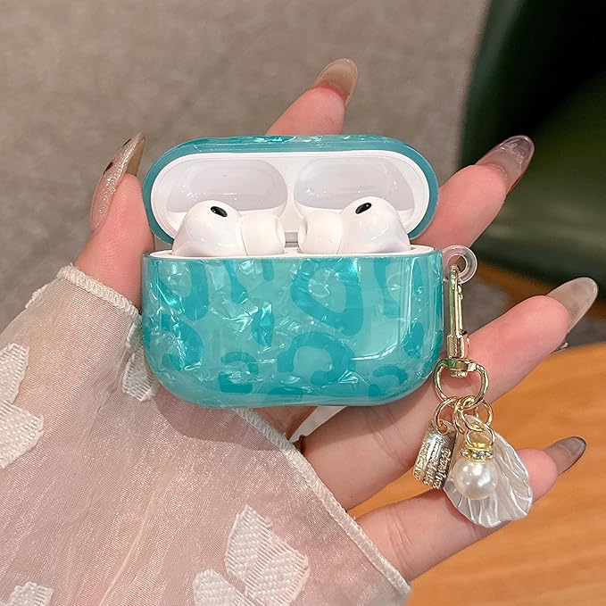 for Airpod Pro 3 Case 2025 Cute Luxury Leopard Hard TPU Protective Cover with Shell Pearl Keychain Compatible with AirPods Pro 3rd Generation for Girls Women (Turquoise Blue)