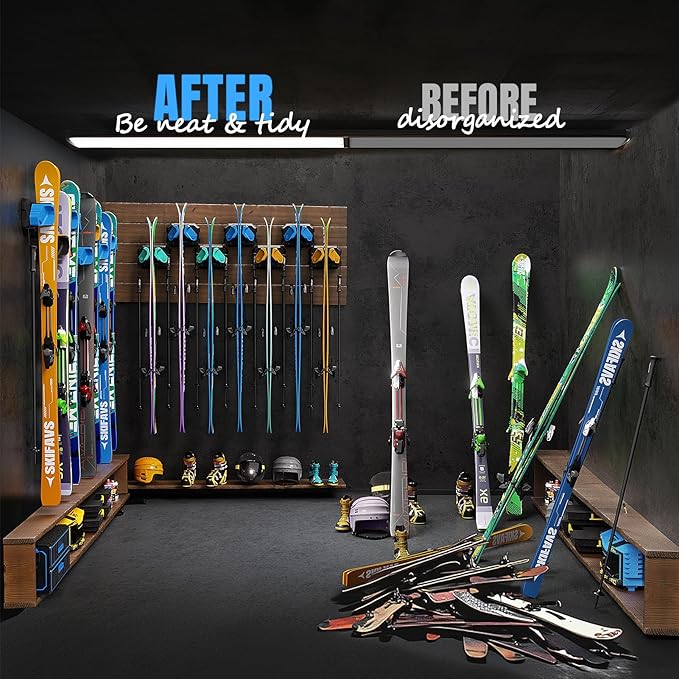 Ski & Snowboard Wall Rack for Garage - Fits Any Ski/board, Damage-Free Storage, Blue, 4 Pack