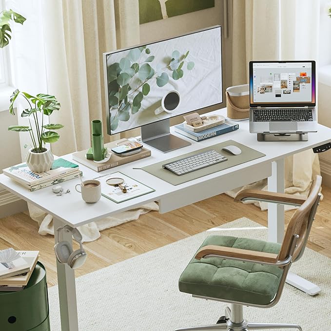 Agilestic Electric Standing Desk with Integrated Drawer, Height Adjustable Desk, Ergonomic Rising 48"x24" Wooden Desk, Sit-Stand Workstation with Memory Presets for Work Home Office, White