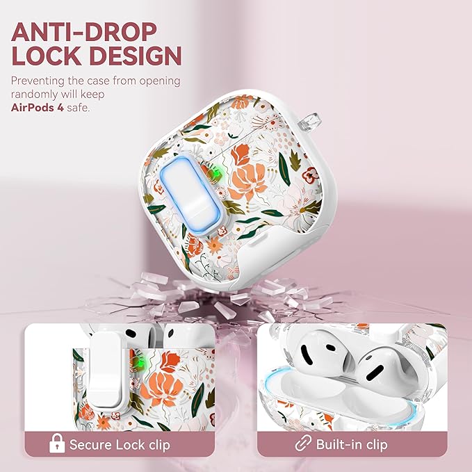 with Safety Lock for Apple AirPods 4 Case,Clear Floral Cute AirPod 4th Generation Case with Phone Stand & Cleaning Kit for Women Girly-Orange Flower