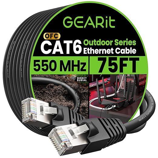 GEARit Cat6 Outdoor Ethernet Cable (75ft) 23AWG Pure Copper, FTP, LLDPE, Waterproof, Direct Burial, In-Ground, UV Resistant, POE, Network, LAN, Internet, Cat 6, Cat6 Cable - 75 Feet