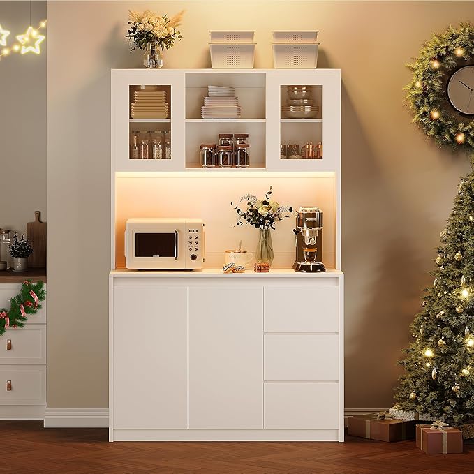 Garvee Kitchen Pantry Cabinet,71 in Tall Storage Cabinet with Doors&Shelves Adjustable, Kitchen Storage Hutch with Microwave Shelf, Led Lights&Charging Station,Corner Pantry Cabinet