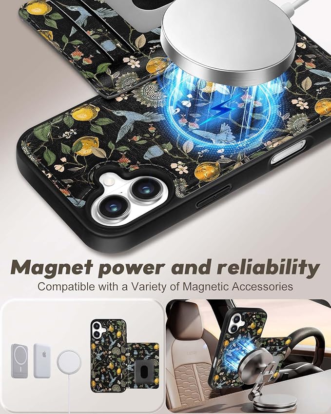 for iPhone 16 Plus Case with Wallet - Fits 4 Card Slots, Compatible with MagSafe for Women Aesthetic Durable PU Leather Credit Card Holder Kickstand Phone Cover for Apple 16 Plus, Lemon Bird