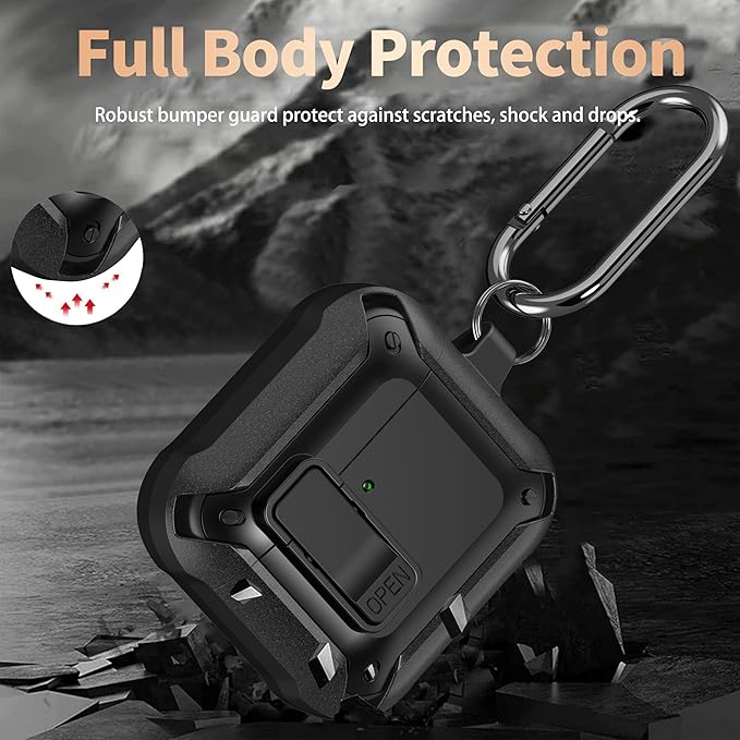 for Airpods 4 Case with Lock Clid, Rugged Apple Airpods 4th Generation Cover 2024 Men Women, Armor Shockproof iPod 4 Gen Protective Hard Shell with Carabiner&Cleaner kit, Black