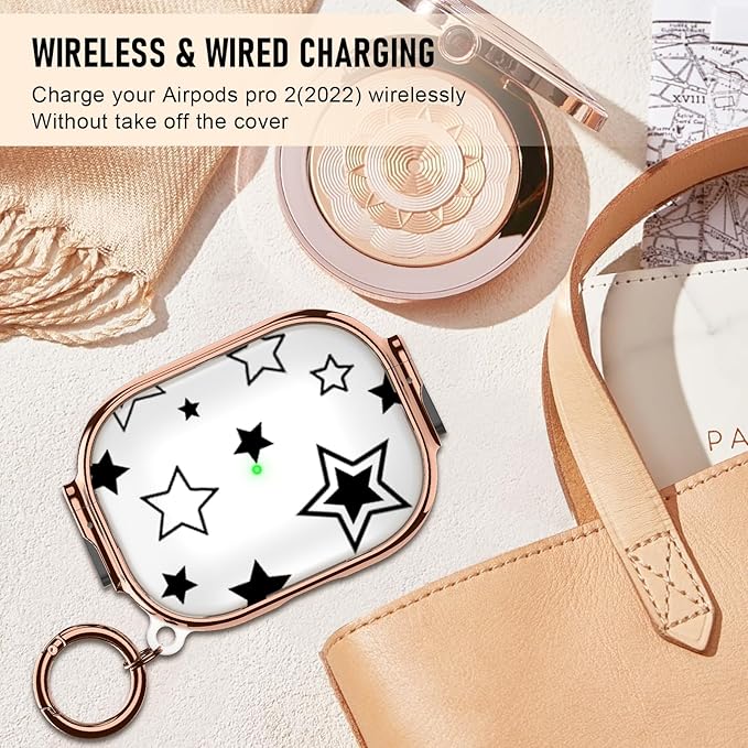 Maxjoy for Cute Airpods Pro 2 case with Safety Lock,Compatible Airpods Pro Case 2nd/1st Gen,Compatible Black Five Pointed Star AirPods Case Cover for Women Girly with Keychain-Transparent