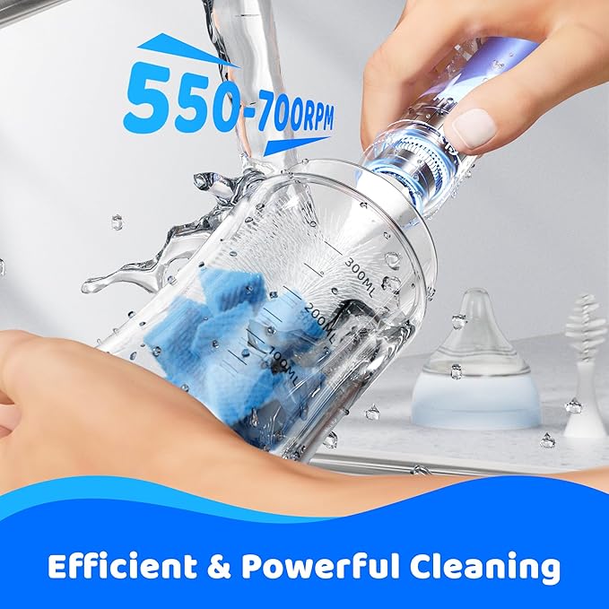 Electric Bottle Brush Cleaner, IPX7 Waterproof Baby Bottle Brush with Replaceable Nipple Cleaning Kit & Extender Rod, 2 Speed Modes, 360° Auto Cleaning, 2000mAh Battery, Rechargeable, Blue