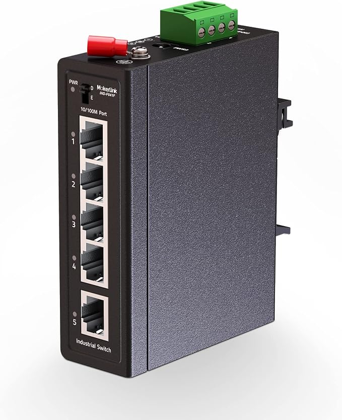MokerLink 5 Port Industrial Din Rail Switch, 4 Ports and 1 Uplink, 10/100Mbps Fast Ethernet, DIN-Rail & Wall Mount Included