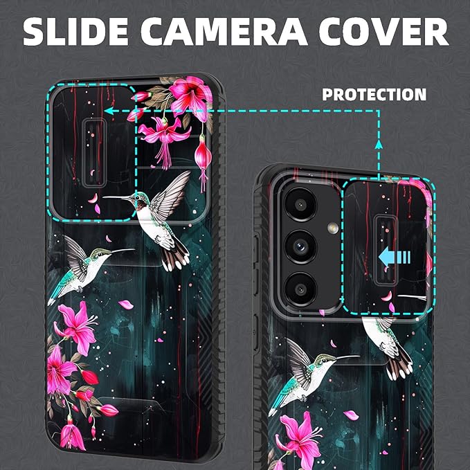 for Galaxy S25 Plus Case Built in Slide Camera Lens Cover,Heavy Duty Shockproof Protection Dual Layer Case for Samsung Galaxy S25 Plus 6.7" 2025,Flower Hummingbird