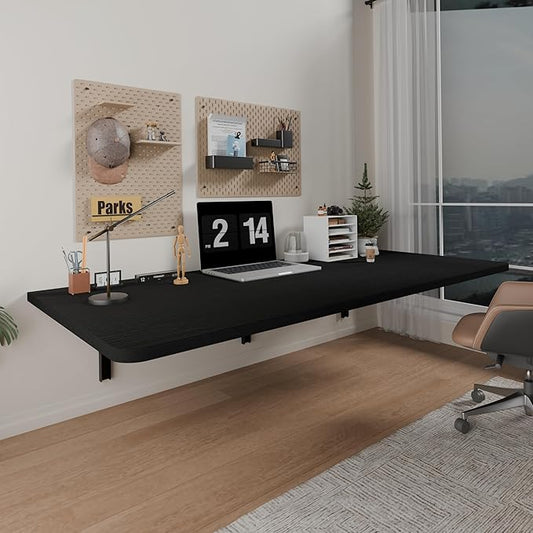 IAE 55" x 22" Floating Foldable Desk,Wall-Mounted Folding Computer Table with Engineered Wood,Study Table with Shelf Brackets,Fold Down Shelf,Fold Computer Desk for Small Spaces,Holds 500 lb,Black