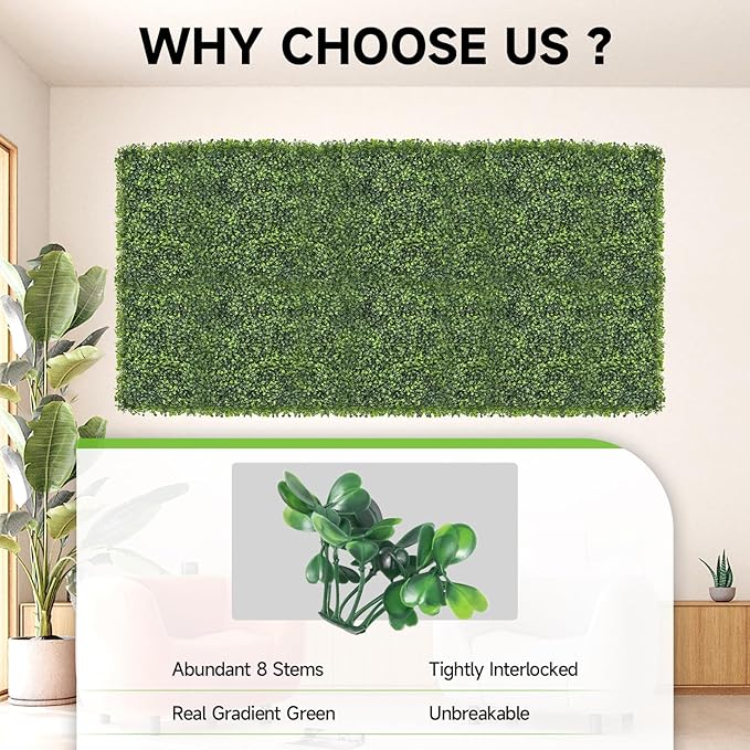Artificial Grass Wall Panels, 8 PCS 10"x10" Boxwood Hedge Wall Panels with 100 Zip Ties, Boxwood Panels Backdrop for Outdoor Indoor Decorative Garden Fences Backyard Patio Privacy Hedge